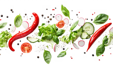 Fresh and vibrant floating vegetables and herbs on a sleek transparent background