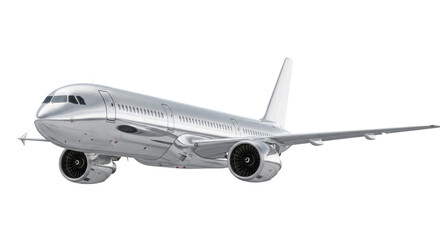 Obraz premium Sleek modern passenger jet, polished metallic fuselage, intricate jet engines, wingtip focus, pristine transparent studio background, concept of advanced aerospace technology