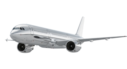 Sleek modern passenger jet, polished metallic fuselage, intricate jet engines, wingtip focus, pristine transparent studio background, concept of advanced aerospace technology