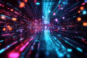 Abstract digital data stream with glowing neon pink and blue lights network