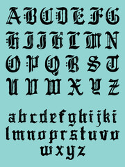 A roughened and distressed alphabet, in both uppercase and lowercase, inspired by gothic manuscript lettering.