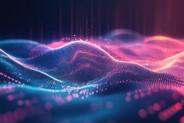 Abstract glowing digital waves of blue and pink particles background