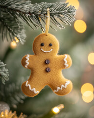 A handmade felt gingerbread man ornament hangs from a frosted Christmas tree branch.