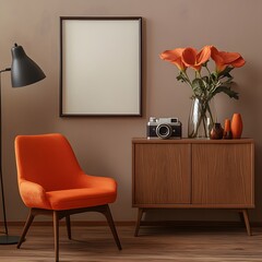 Minimalist living room interior with brown photo frame mock-up, soft neutral tones, and elegant decor, modern living room with flowers