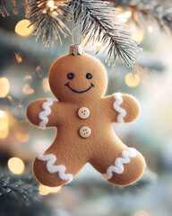 A handmade felt gingerbread man ornament hangs from a frosted Christmas tree branch.