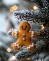 A handmade felt gingerbread man ornament hangs from a frosted Christmas tree branch.