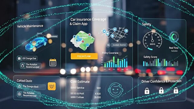 Seamless car app interface displays vehicle maintenance, insurance claims, safety scores, and cost estimates.