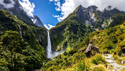 Majestic waterfall cascading through lush green mountains