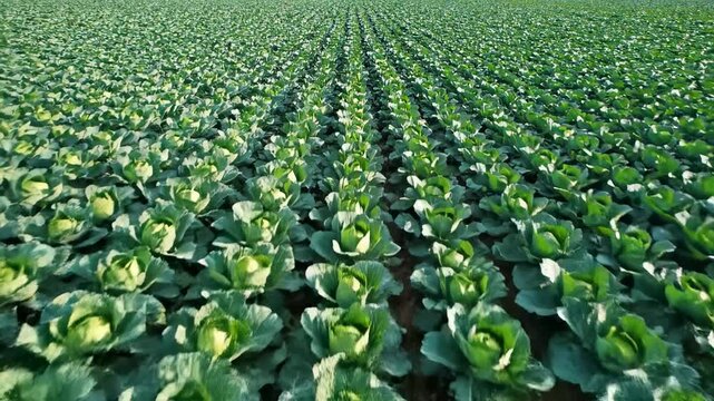Aerial View of Cabbage Field Ready for Harvest - Rows of healthy, green cabbages fill a vast agricultural field, viewed from directly overhead.