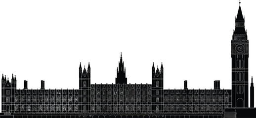 Obraz premium Detailed Silhouette of the Houses of Parliament and Big Ben in London, United Kingdom Architecture