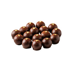 Obraz premium Dark brown, glossy chocolate truffles, spherical, cocoa-dusted and gold leaf garnished, on a transparent ceramic plate against transparent, gourmet luxury concept