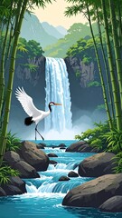Majestic waterfall scene with crane