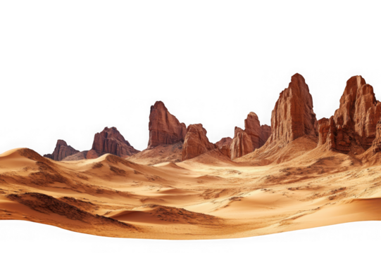 Arid desert landscape with towering sandstone rock formations and sand dunes isolated on a transparent background