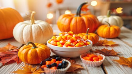 Halloween spread of orange and white pumpkins, colorful candy bowls and scattered autumn leaves on a rustic wooden table, evoking fall harvest and festive treats