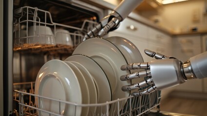 Robot hands loading dishes into a dishwasher, an automation concept for household chores, futuristic domestic artificial intelligence helping with cleaning tasks in a smart home kitchen