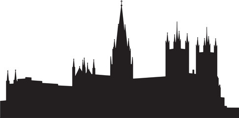 Naklejka premium Detailed Silhouette of a European City Skyline with Prominent Gothic Architecture and Towering Structures