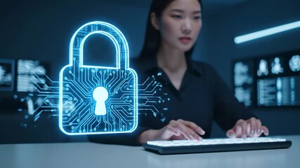 Secure Cloud Computing: Digital Lock and Data Protection - A woman uses a keyboard in a dark room with glowing digital lock icon, representing secure cloud computing and data protection. - Powered by Adobe