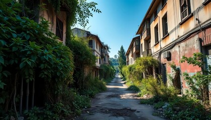 Overgrown vegetation reclaims a deserted street, buildings crumbling,  vintage,  brick