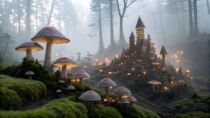 Mushroom village fantasy in mystical forest: A fairytale mushroom village nestled amidst a mysterious forest scene, where luminous mushrooms and a castle-like structure create an ethereal atmosphere.