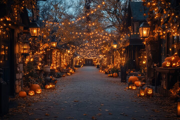 Fototapeta premium Pumpkins and lights lining the street.