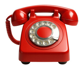 Classic red rotary dial telephone on a white background.