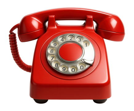 Classic red rotary dial telephone on a white background.