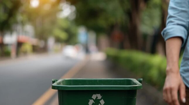 Persons Hand Drops a Green Plastic Recycling Bag with a Symbol into a Bin, Emphasizing Eco friendly Practices, Waste Management, and Sustainable Living