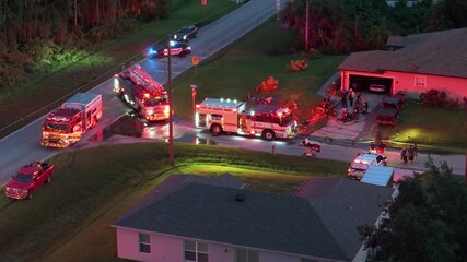 Emergency service personnel responding to carbon monoxide accident on Florida residential street at night. First responders investigating fire hazard of private house.