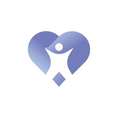 modern, minimalistic symbol featuring heart shaped elements in blue and purple gradients forming a person, symbolizing care, wellness