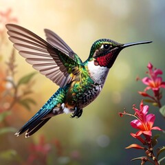Fototapeta premium Vibrant hummingbird in flight, surrounded by flowers