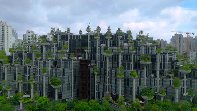 Aerial view of the '1000 Trees' building, a modern, terraced architectural landmark featuring numerous planted trees and greenery in Shanghai, China.