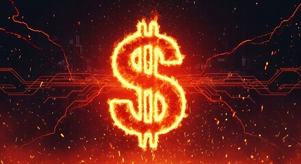 Fiery dollar sign symbol burning finance concept digital background