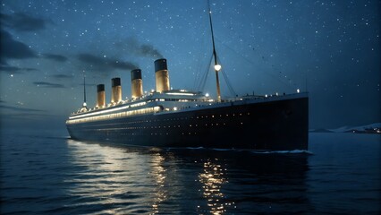 Titanic at night: A detailed depiction of the iconic ship sails serenely across the dark, starlit ocean. The vessel, illuminated against the night sky, evokes a sense of grandeur.