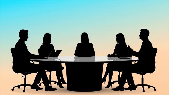 Business Colleagues Meeting Silhouette - A vector silhouette illustration of five business professionals seated around a round table during a meeting.