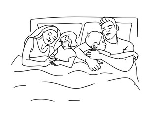 The concept of parents and little children sleeping together, drawn in line art style.