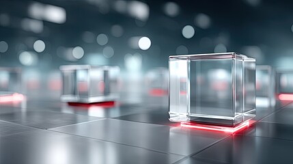 Abstract Cubes Floating on Grid Surface with Red Accents and Bokeh Background