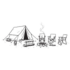 Hand-drawn camping setup with tent, campfire, chairs, and lantern