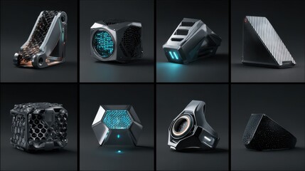 Array of Advanced Sci-Fi Gadgets and Cybernetic Devices with Glowing Cyan Interfaces.