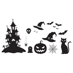 Obraz premium Haunted House and Halloween Icons Silhouette black