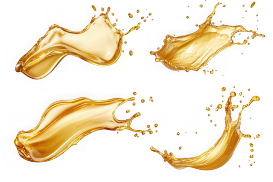 Four dynamic golden liquid splashes with droplets against a black background splatter fluid