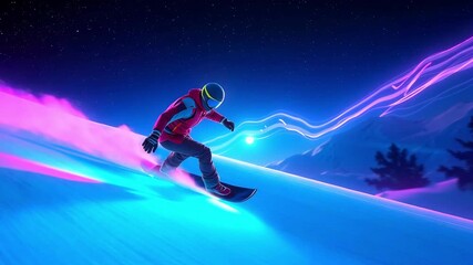 A neon snowboarder in gear descends a snowy mountainside at night, cyber futuristic style. Winter resort concept, extreme sport - Powered by Adobe