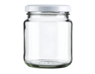 A clear glass jar with a white lid, ideal for storage or decoration in various settings and contexts.