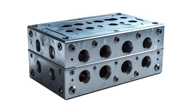 Two stacked metal industrial components