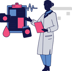 Doctor in lab coat examining medical chart with blood drop pills and heart monitor
