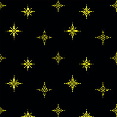 Seamless pattern with pixelated yellow stars on a black background. Isolated 8-bit vector illustration.