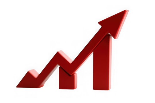 Red upward arrow graph showing rising trend isolated on black background image