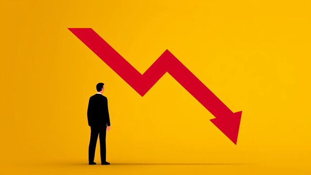 Business Growth and Decline Concept with Person Pointing at Downward Arrow on Yellow Background
