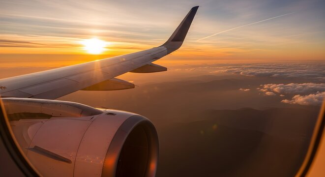 Fototapeta A breathtaking sunrise view from an airplane window, highlighting the aircraft wing above clouds and distant landscapes, capturing the excitement and wonder of air travel and global exploration.  