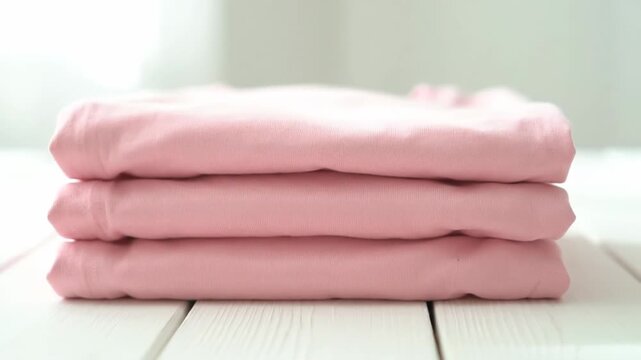 Stack of Pink T-Shirts on White Wood - Three neatly folded pale pink t-shirts are stacked on a white wooden surface.