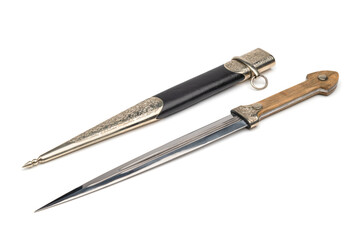 Ornate antique  dagger and sheath  isolated on white background